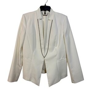 White House Black Market Blazer Women 14 White Silver Trim Open Front Jacket